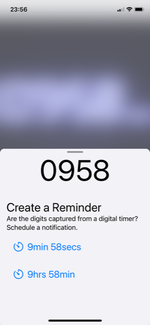 View of app in reminder mode. There is a button to set a reminder for 9 minutes 59 seconds and another to set a reminder for 9 hours 59 minutes.